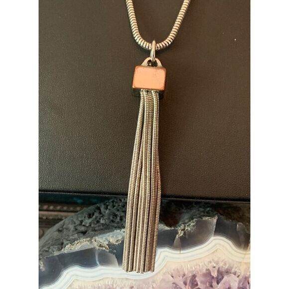Vintage Multirow Tassel Pendant with Chain, Silver tone, Unmarked - Picture 2 of 3